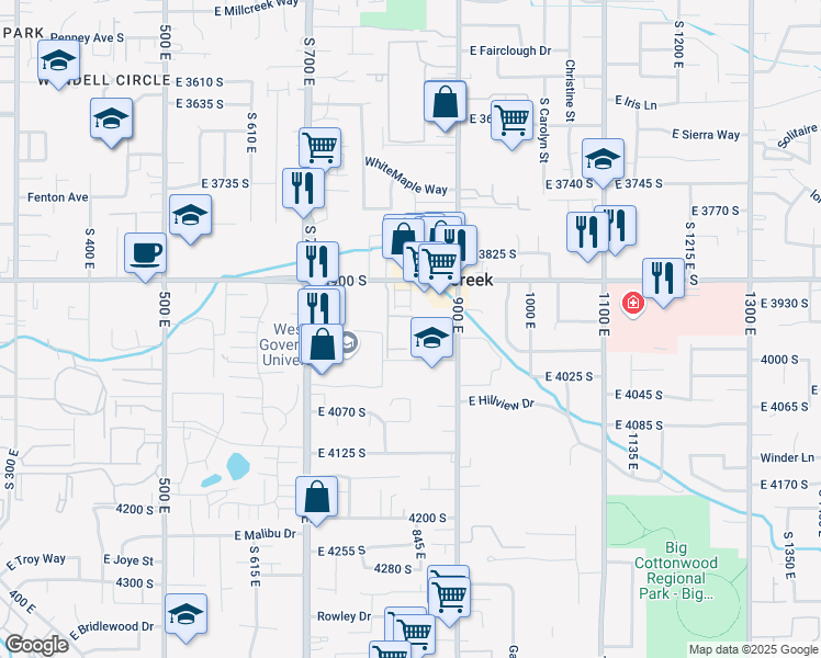 map of restaurants, bars, coffee shops, grocery stores, and more near 3970 South 840 East in Millcreek