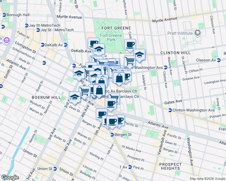 map of restaurants, bars, coffee shops, grocery stores, and more near 116 South Elliott Place in Brooklyn