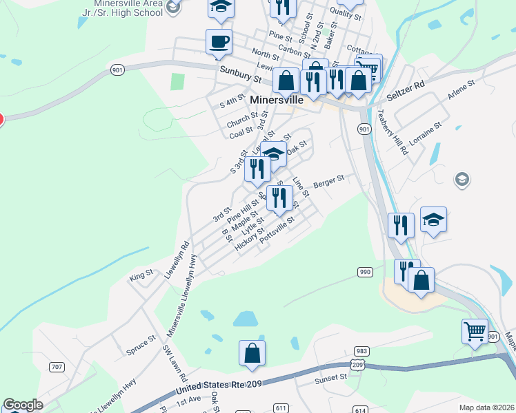 map of restaurants, bars, coffee shops, grocery stores, and more near 511 Pine Hill Street in Minersville