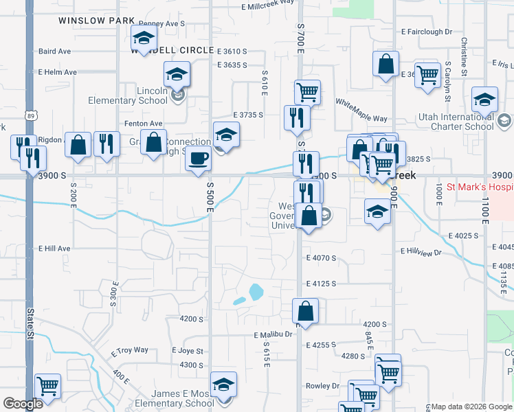 map of restaurants, bars, coffee shops, grocery stores, and more near 597 East 3970 South in Millcreek