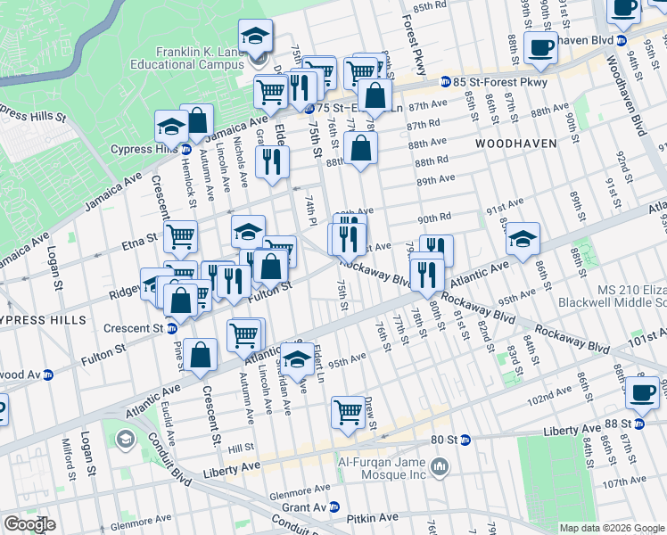 map of restaurants, bars, coffee shops, grocery stores, and more near 74-20 Rockaway Boulevard in Queens