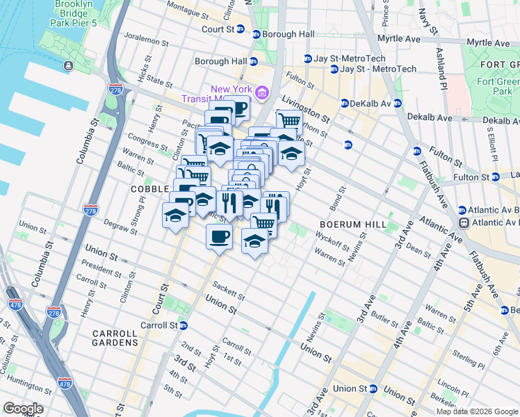 map of restaurants, bars, coffee shops, grocery stores, and more near 94 Wyckoff Street in Brooklyn