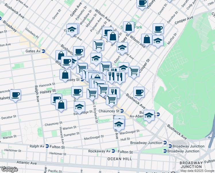 map of restaurants, bars, coffee shops, grocery stores, and more near 48 Covert Street in Brooklyn