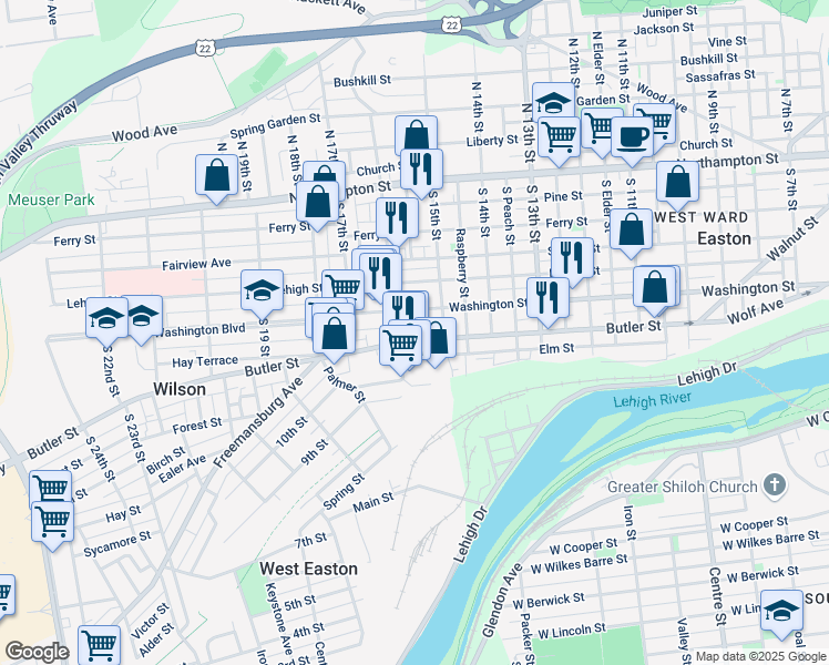 map of restaurants, bars, coffee shops, grocery stores, and more near 1522 Washington Street in Easton