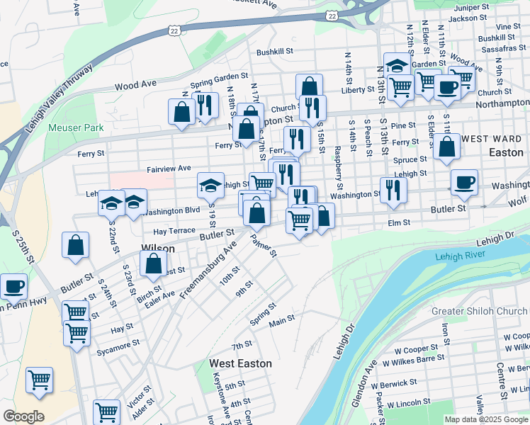 map of restaurants, bars, coffee shops, grocery stores, and more near 1704 Washington Boulevard in Easton