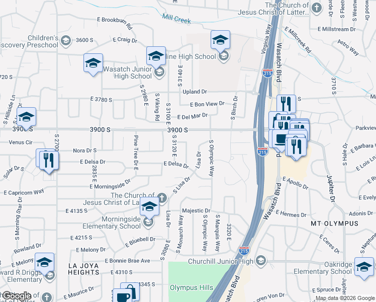 map of restaurants, bars, coffee shops, grocery stores, and more near 3962 South 3165 East Street in Salt Lake City