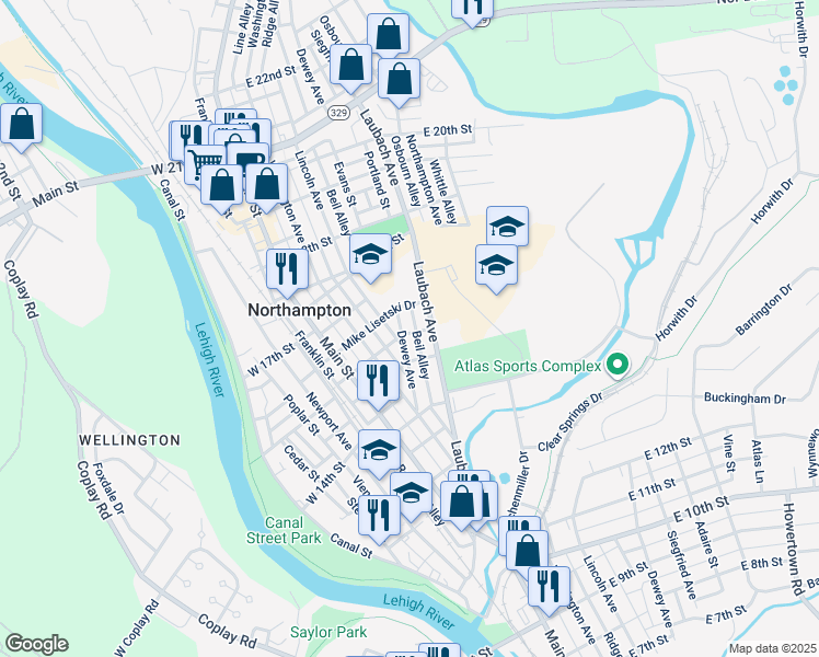 map of restaurants, bars, coffee shops, grocery stores, and more near 1535 Dewey Avenue in Northampton