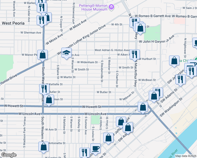 map of restaurants, bars, coffee shops, grocery stores, and more near 1321 West Martin Street in Peoria