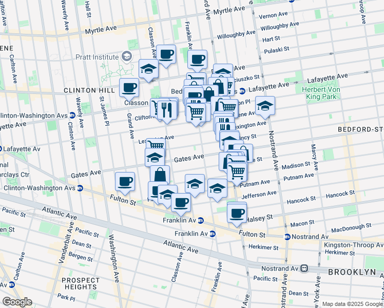 map of restaurants, bars, coffee shops, grocery stores, and more near 251 Gates Avenue in Brooklyn