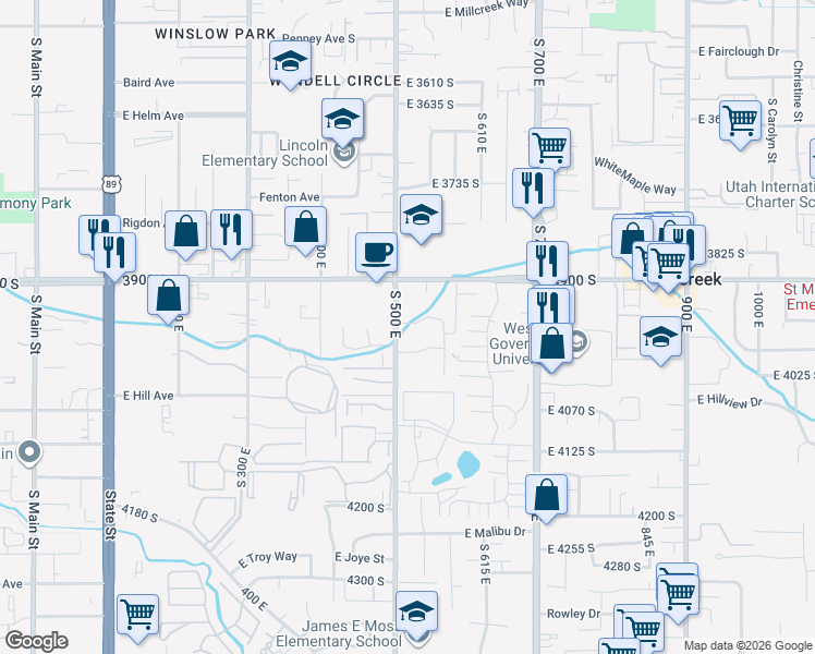 map of restaurants, bars, coffee shops, grocery stores, and more near 522 East 3955 South in Millcreek