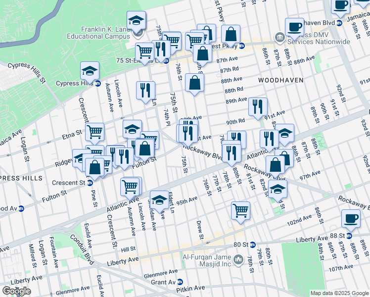 map of restaurants, bars, coffee shops, grocery stores, and more near 75-11 Rockaway Boulevard in Queens