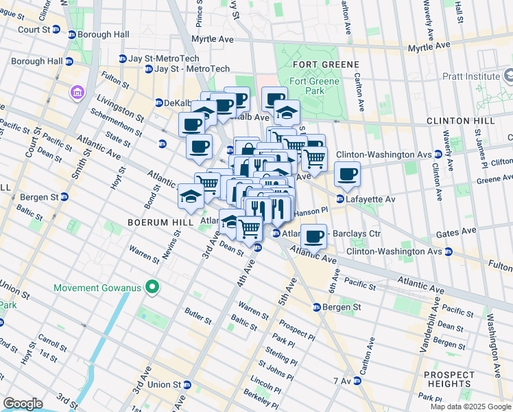 map of restaurants, bars, coffee shops, grocery stores, and more near 100 Flatbush Avenue in Brooklyn