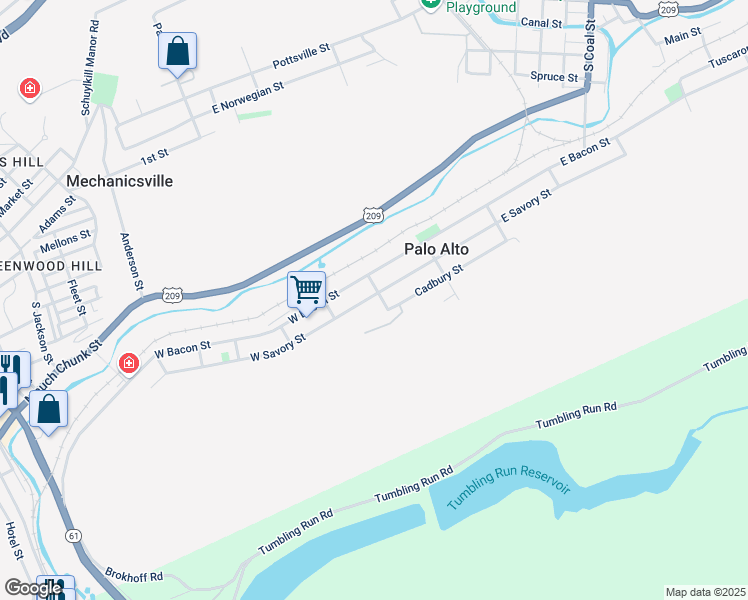 map of restaurants, bars, coffee shops, grocery stores, and more near 8 West Savory Street in Pottsville