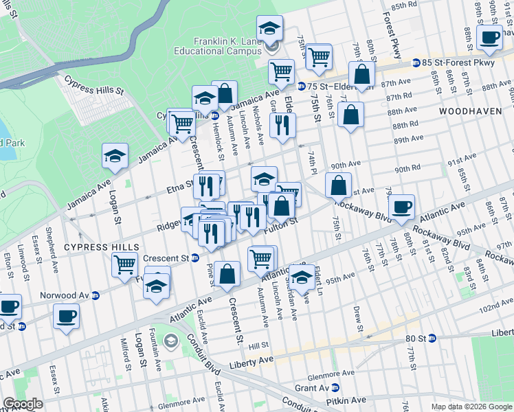 map of restaurants, bars, coffee shops, grocery stores, and more near 182 Lincoln Avenue in Brooklyn