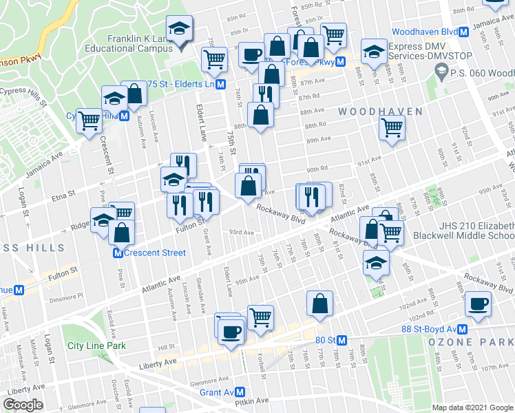 map of restaurants, bars, coffee shops, grocery stores, and more near Rockaway Blvd & 76th St in Queens