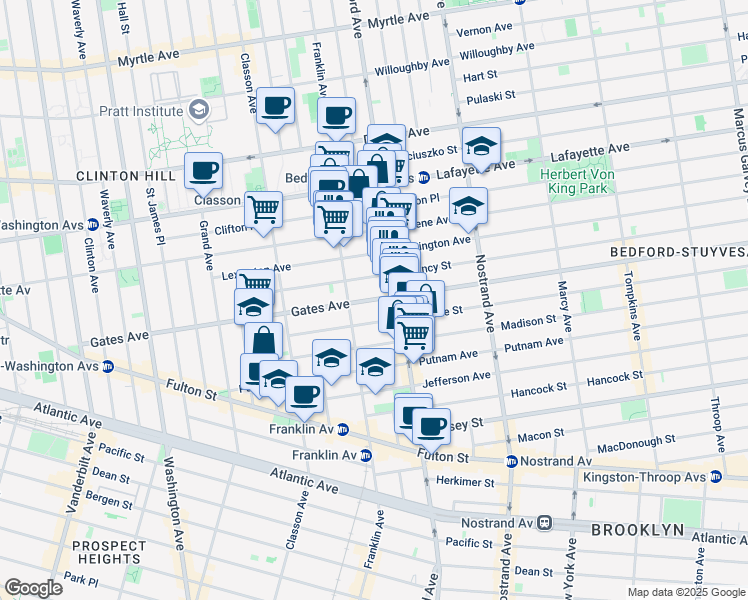 map of restaurants, bars, coffee shops, grocery stores, and more near 128 Quincy Street in Brooklyn