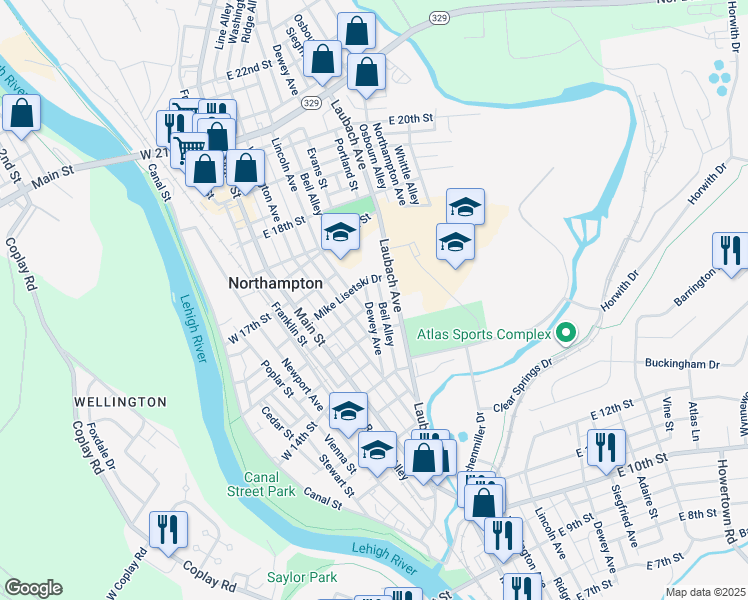 map of restaurants, bars, coffee shops, grocery stores, and more near 1535 Dewey Avenue in Northampton