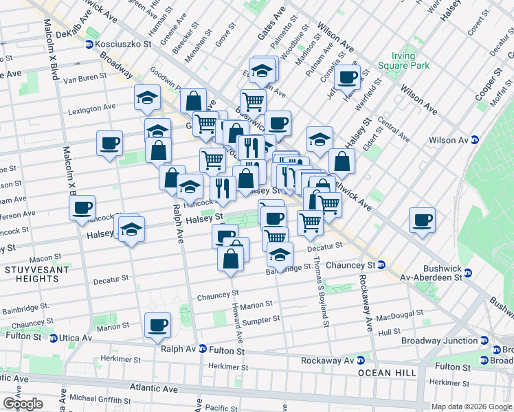 map of restaurants, bars, coffee shops, grocery stores, and more near 920 Hancock Street in Brooklyn