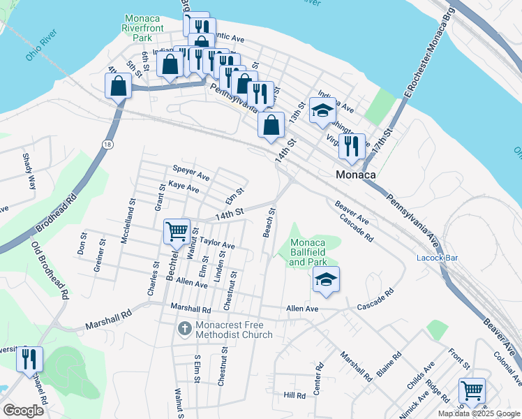 map of restaurants, bars, coffee shops, grocery stores, and more near 730 14th Street in Monaca