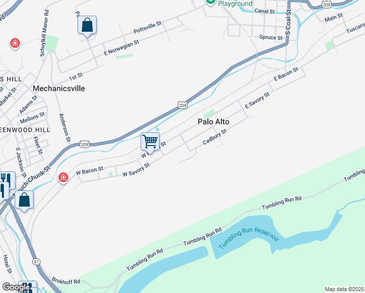 map of restaurants, bars, coffee shops, grocery stores, and more near 8 West Savory Street in Pottsville