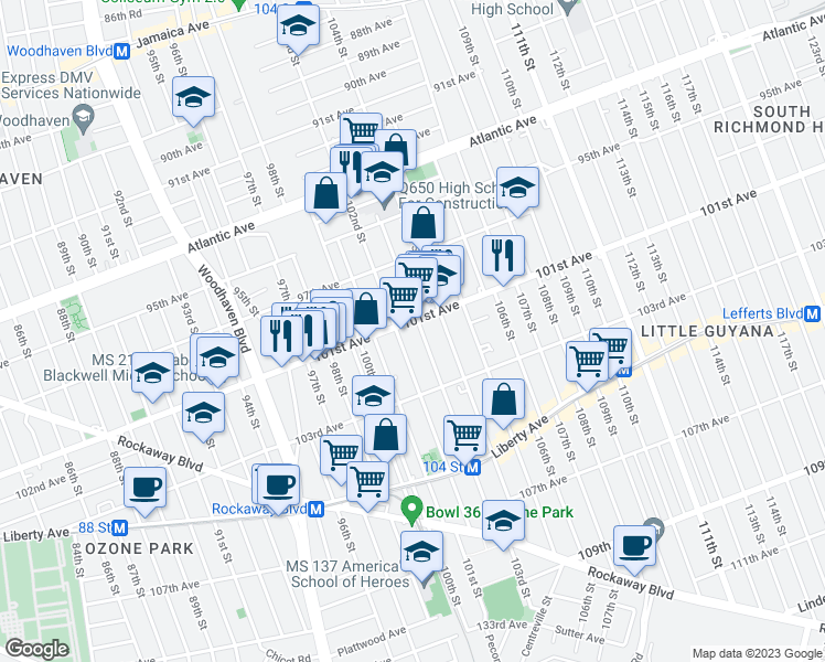 map of restaurants, bars, coffee shops, grocery stores, and more near 102-14 101st Avenue in Queens