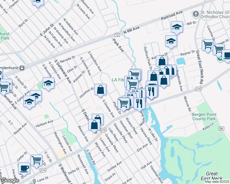 map of restaurants, bars, coffee shops, grocery stores, and more near 126 Kramer Drive in Lindenhurst
