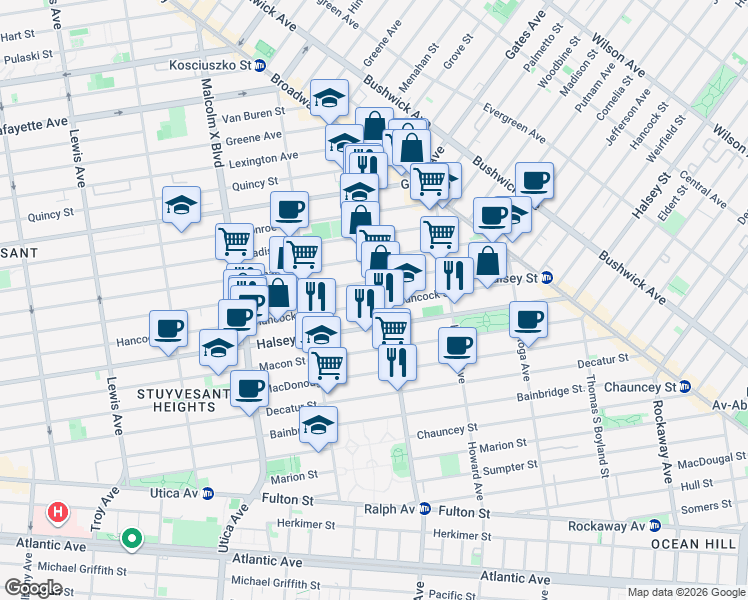 map of restaurants, bars, coffee shops, grocery stores, and more near 822 Jefferson Avenue in Brooklyn