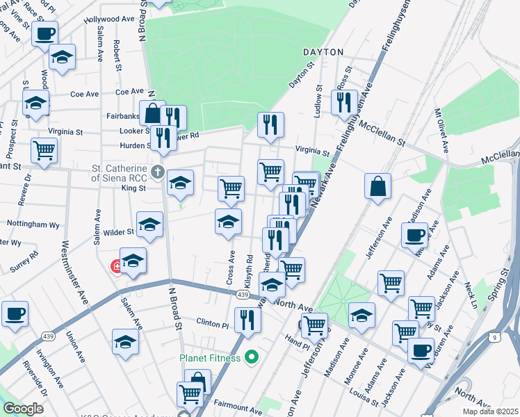 map of restaurants, bars, coffee shops, grocery stores, and more near 948 Kilsyth Road in Elizabeth