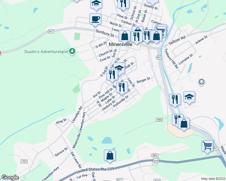 map of restaurants, bars, coffee shops, grocery stores, and more near 517 Pine Hill St in Minersville