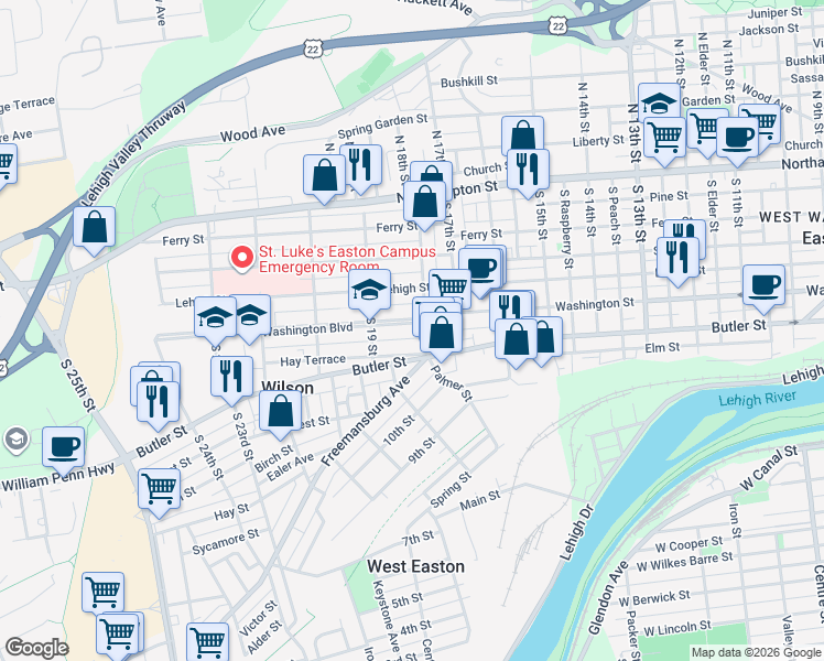 map of restaurants, bars, coffee shops, grocery stores, and more near 1807 Washington Boulevard in Easton