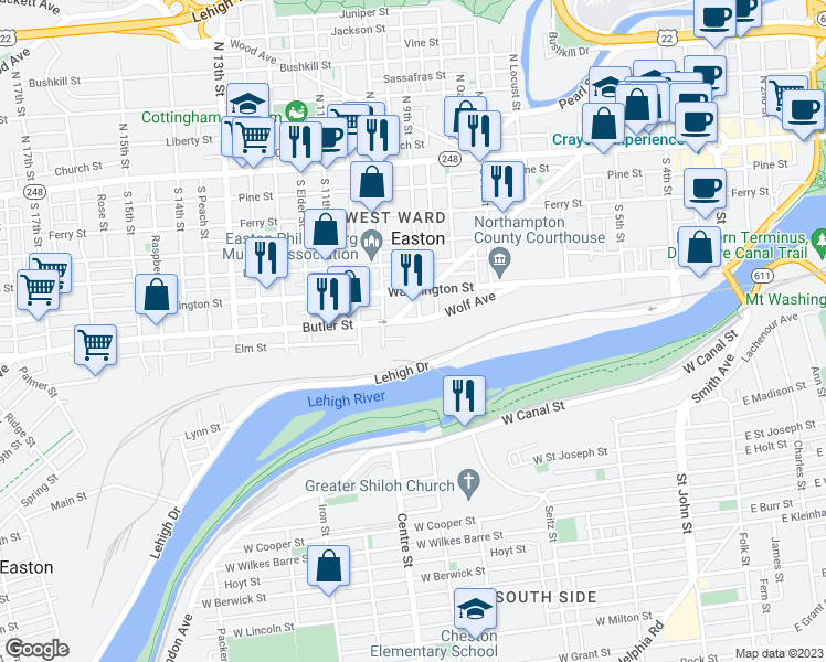 map of restaurants, bars, coffee shops, grocery stores, and more near 910 Butler Street in Easton