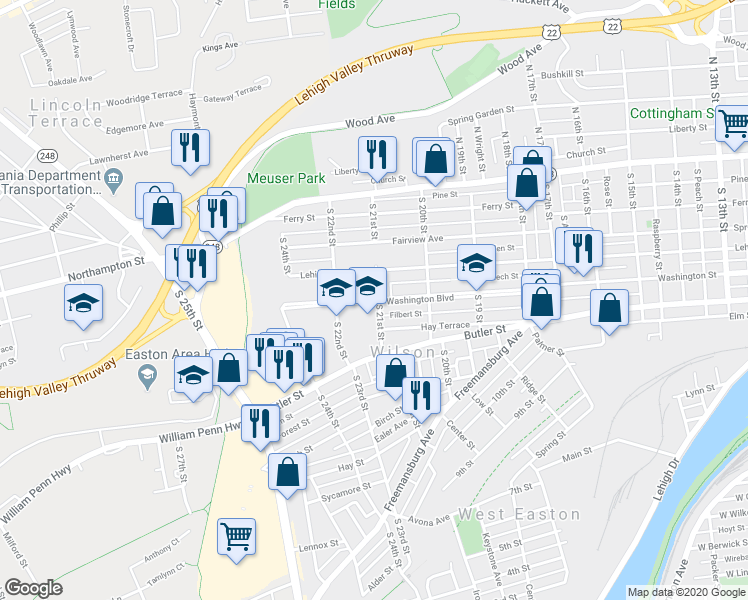 map of restaurants, bars, coffee shops, grocery stores, and more near 2111 Washington Boulevard in Easton