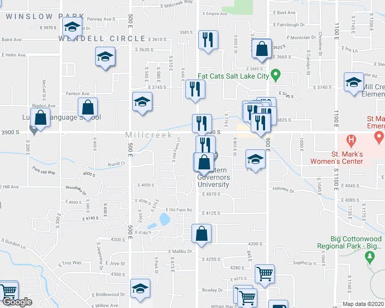 map of restaurants, bars, coffee shops, grocery stores, and more near 3970 South 700 East in Murray