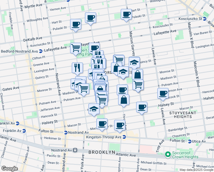 map of restaurants, bars, coffee shops, grocery stores, and more near 364 Monroe Street in Brooklyn