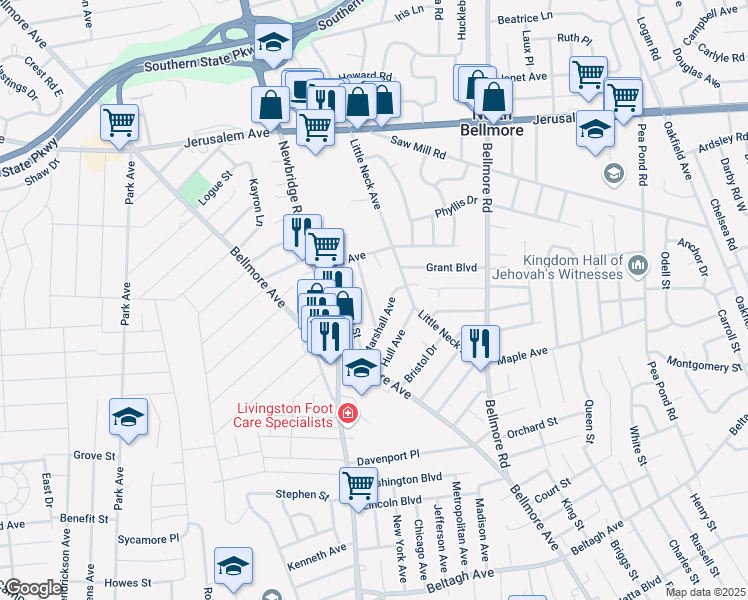 map of restaurants, bars, coffee shops, grocery stores, and more near 1402 Harding Street in North Bellmore