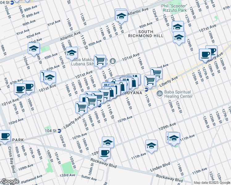 map of restaurants, bars, coffee shops, grocery stores, and more near 10308 113th Street in Queens