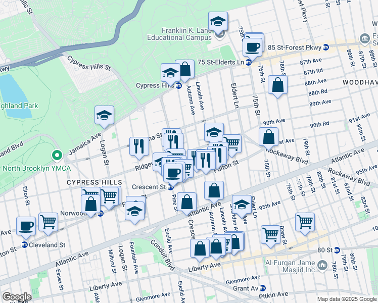 map of restaurants, bars, coffee shops, grocery stores, and more near Hemlock St & Ridgewood Ave in Brooklyn