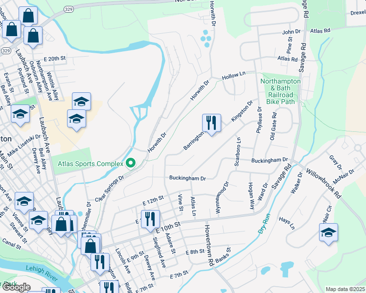 map of restaurants, bars, coffee shops, grocery stores, and more near 1310 Barrington Drive in Northampton