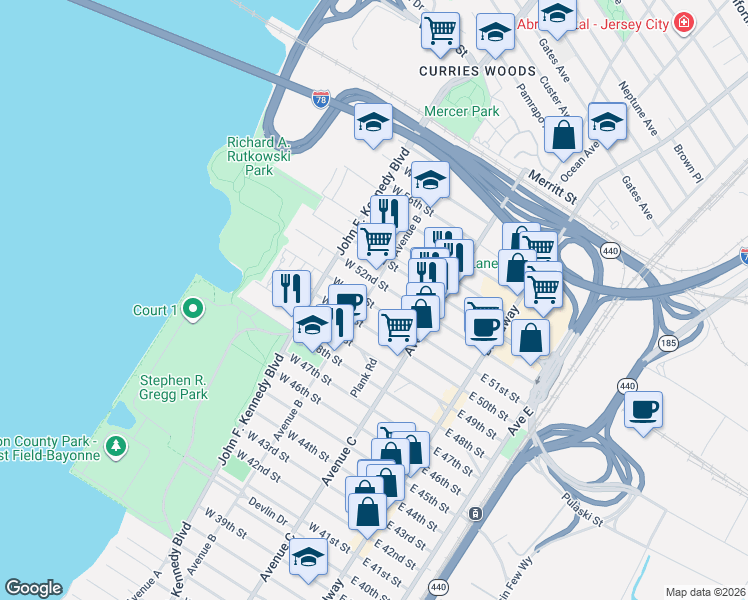map of restaurants, bars, coffee shops, grocery stores, and more near 108 1/2 West 52nd Street in Bayonne