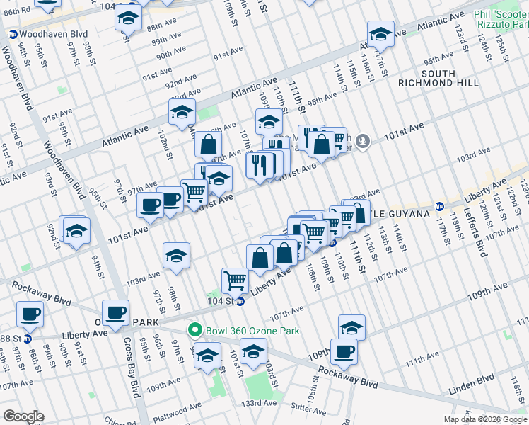 map of restaurants, bars, coffee shops, grocery stores, and more near 101-36 107th Street in Queens