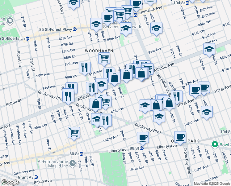 map of restaurants, bars, coffee shops, grocery stores, and more near 94-22 88th Street in Queens