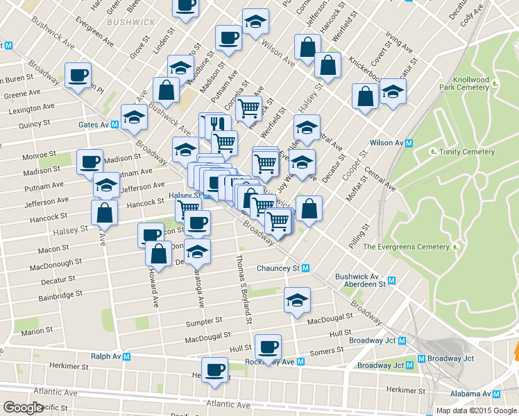 map of restaurants, bars, coffee shops, grocery stores, and more near 25 Eldert Street in Brooklyn