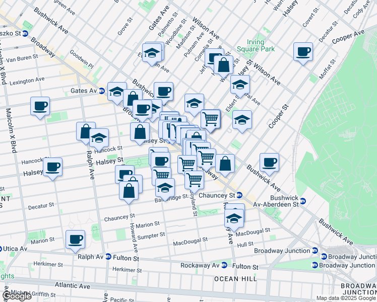 map of restaurants, bars, coffee shops, grocery stores, and more near 1567 Broadway in Brooklyn