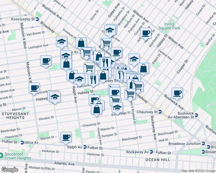 map of restaurants, bars, coffee shops, grocery stores, and more near 920 Hancock Street in Brooklyn