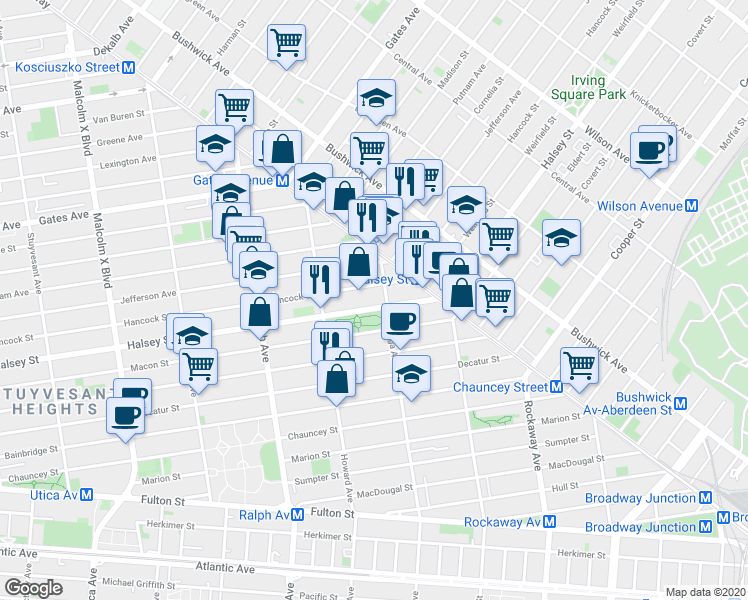 map of restaurants, bars, coffee shops, grocery stores, and more near 920 Hancock Street in Brooklyn