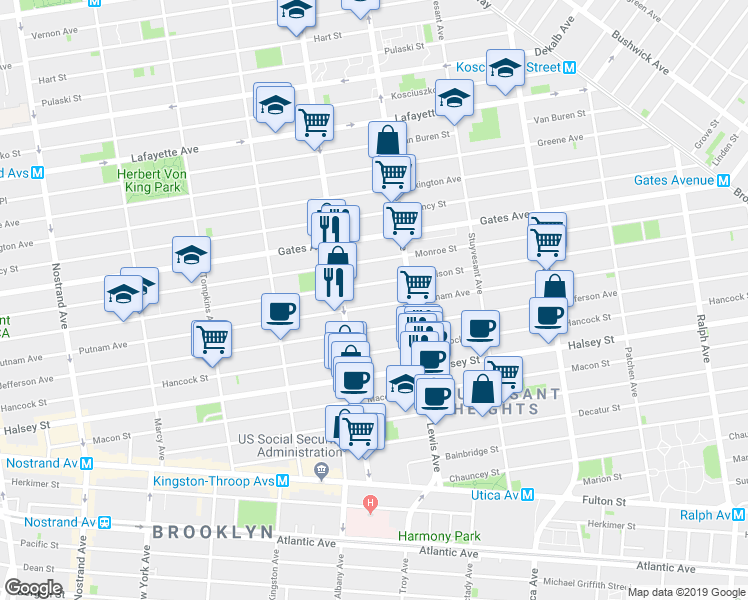 map of restaurants, bars, coffee shops, grocery stores, and more near 538 Madison Street in Brooklyn