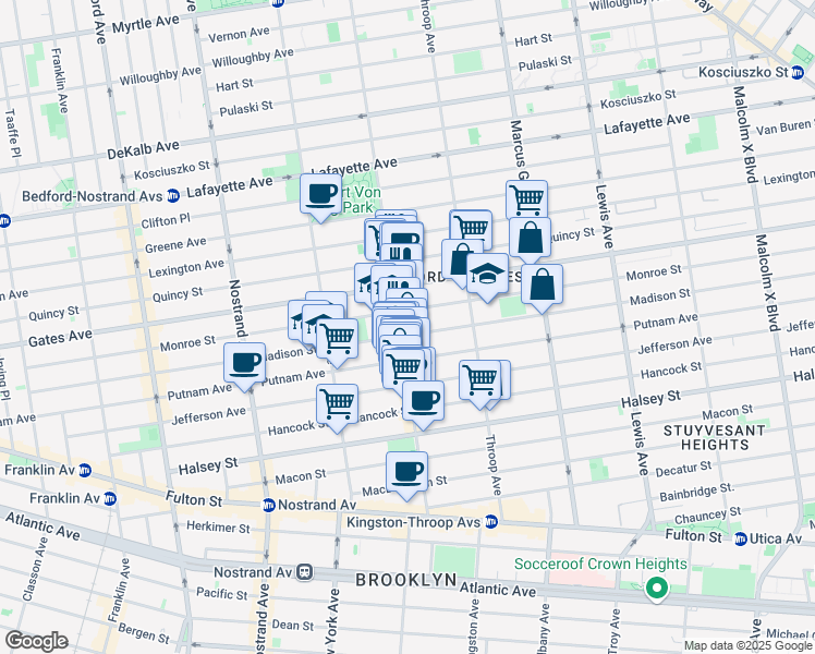 map of restaurants, bars, coffee shops, grocery stores, and more near 364 Monroe Street in Brooklyn