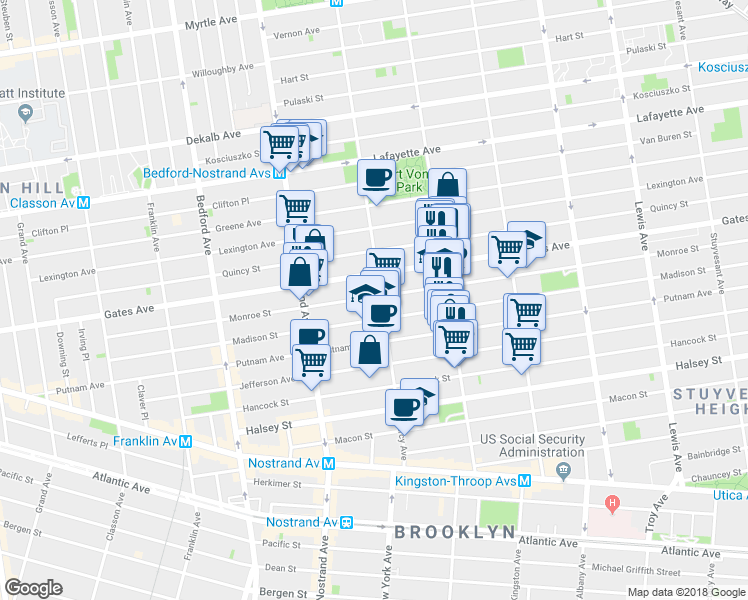 map of restaurants, bars, coffee shops, grocery stores, and more near 283 Monroe Street in Brooklyn