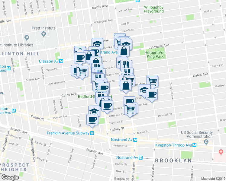 map of restaurants, bars, coffee shops, grocery stores, and more near 338A Gates Avenue in Brooklyn
