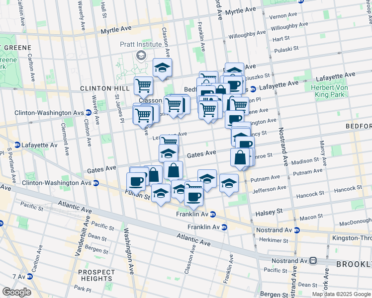 map of restaurants, bars, coffee shops, grocery stores, and more near 46 Quincy Street in Brooklyn